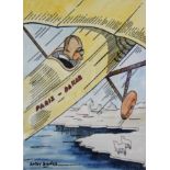 ANDY DANKS three framed, signed, watercolour and pen on paper images, depicting a plane being flown,