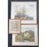 Three framed, indistinctly signed watercolours on paper, one dated 1991, titled 'Lane Farm', one