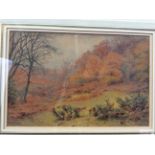 WILMOT PILSBURY, framed, signed, watercolour depicting sheep on a hill. 18cm x 27.5cm.