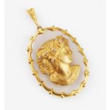 A chalcedony and diamond cameo pendant, featuring a ladies portrait in profile, with eight-cut