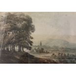 JAMES BOURNE, framed, unsigned, watercolour depicting trees and a river, 6.5cm x 9.5cm.