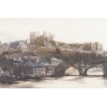 FRED LAWSON framed, signed, watercolour of a town from across a river, 35cm x 53cm.