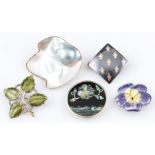 A collection of five brooches, to include an Aksel Holmsen Norwegian enamel leaf brooch, an enamel