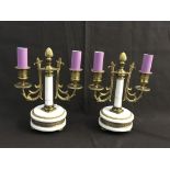 Two brass and marble French style candle stick holders converted to lights.