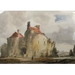 CHARLES STUART, framed, initialled, watercolour of a castle, 14.5cm x 20.5cm.