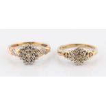 Two hallmarked 9ct yellow gold diamond cluster rings, ring sizes N½ and L.