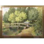 F. S. WILKINSON, framed, signed, watercolour depicting children fishing by a bridge, 22cm x 31cm.