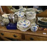 A Masons dinner ware Regency pattern, plated tea pot, water pot, album of postcards and linen.