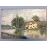 Unframed, unsigned, oil on canvas, river scene with trees, cottage, and figure, 35.4cm x 53.2cm.