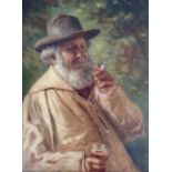 J. MORGAN. Framed, signed, oil on canvas portrait of a peasant farmer with a pipe, 39.4cm x 28.8cm.