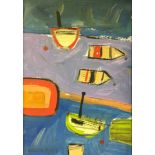 3 framed oil on board abstract paintings of boats at Newlyn, titled 'Brown Boat Newlyn', 'Orange-