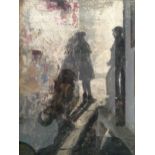 L. SORRELL. Gilt framed, mounted, glazed, ascribed verso, oil on canvas street scene of figures