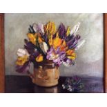 MARY E. ODDIE. Framed, signed, oil on canvas, flowers in jug, 24.5cm x 29.5cm.