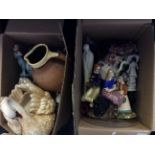 Two boxes of various items including swan vase, figurine group, bohemian glass plate. Jugs,