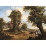 PATRICK NASMYTH. Framed, unsigned, oil on canvas, cottages with farmer leading cart, 24cm x 34cm.