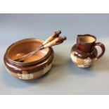 A Doulton Lambeth silver rimmed, salt glazed jug with salad bowl and silver servers.