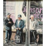 Framed, signed with initials, dated 2008 and titled 'Three Wisemen', oil on board, street scene with