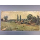 Unframed, indistinctly signed, dated '1903', oil on canvas, English rural farmyard scene, 30.2cm x