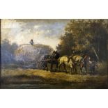 Framed, unsigned, oil on canvas, landscape with figures and horse-drawn hay wagon, 29.2cm x 44.5cm.