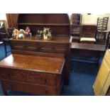 An oak reproduction dresser, two drawer chest, blanket box, coffee table and four chairs.