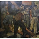 VICTOR JENSON. Framed, signed, oil on canvas, scene of workmen in a mine, 66cm x 69.3cm.