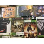 Four boxes of various video games including Xbox, PlayStation, sims, football manager, etc.