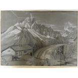 Framed, unsigned, dated verso '1828', charcoal and body colour, alpine winter landscape, titled