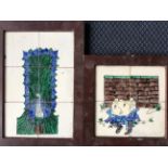 Two wooden framed painted tile images depicting Humpty Dumpty and a peacock.