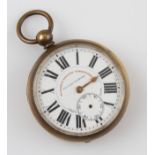 A gilt metal Superior Railway Timekeeper Specially Examined key wind open face pocket watch, the