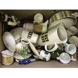 A box containing mid winter pots, crown Devon coffee set, Wedgwood bowl and servers plus figure of a