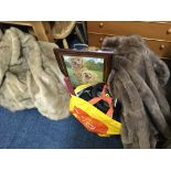 A selection of various items including embroidered firescreen, trays, electronic games, with two fur
