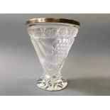 A cut glass vase with fruit design and silver rim, silver hallmarked Birmingham 1928, with makers