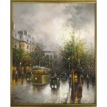 G. DAVID. Framed, signed, oil on canvas, impressionistic rainy street scene with figures, horse