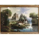 2 framed, unsigned, glazed, oil paint on glass English rural scenes with figures, rivers, and ruins,