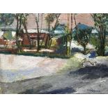 G. HODGKINSON. Unframed, signed, oil on canvas, house with trees in snow, 51cm x 61cm.