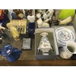 A boxed Gleneagles glass bowl and vase, Wedgwood urn shaped vase, Wedgwood cake stand, Aynsley vase,