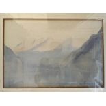 EVELYN BUCKTON. Framed, mounted, glazed, signed, watercolour of a Swiss lake, 18cm x 27cm.