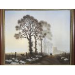 BECK. Framed, signed, oil on canvas, early morning autumn/winter foggy landscape with trees, a