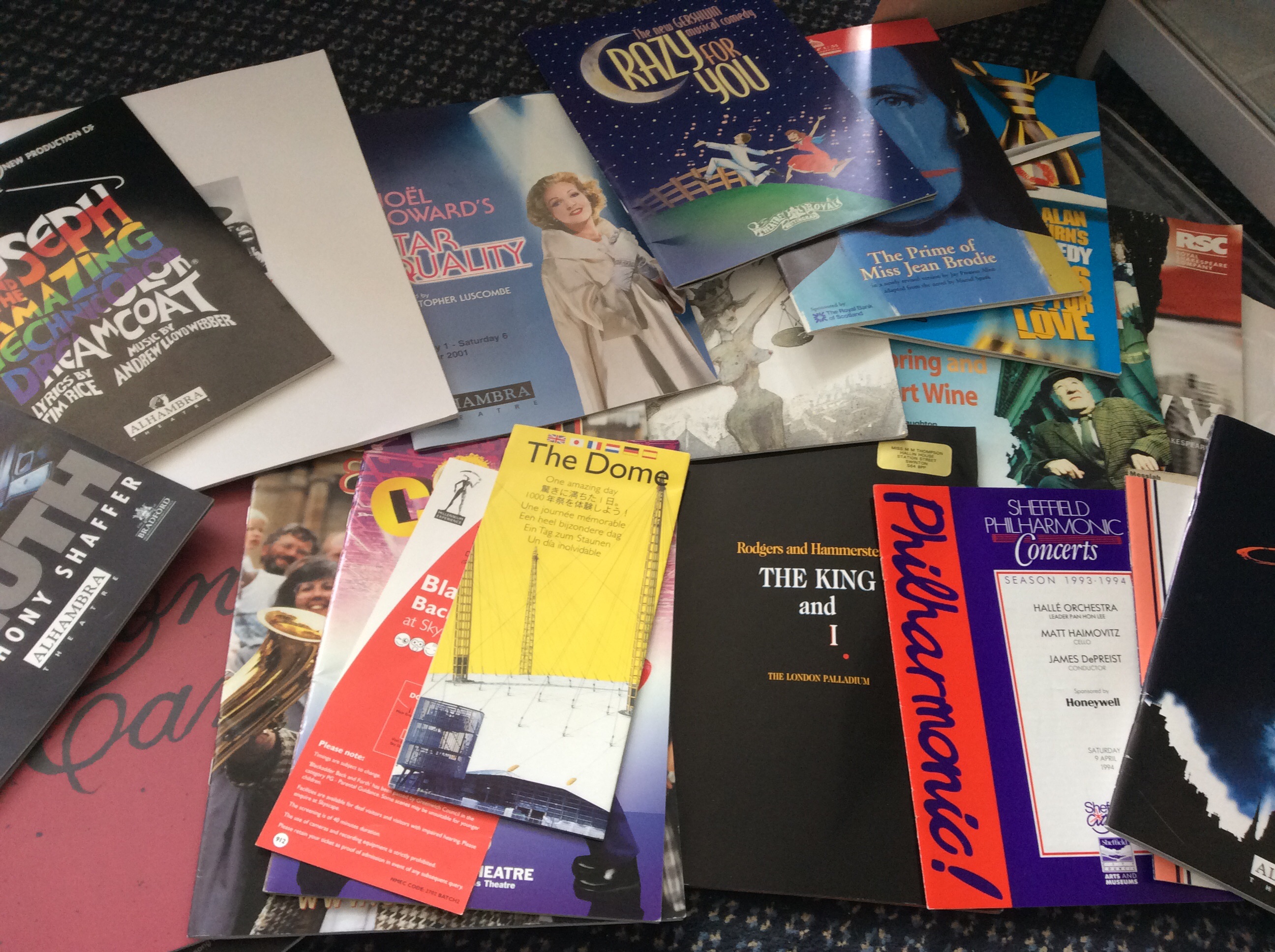 A collection of various theatre programmes including Oliver, Joseph and the amazing technicolor