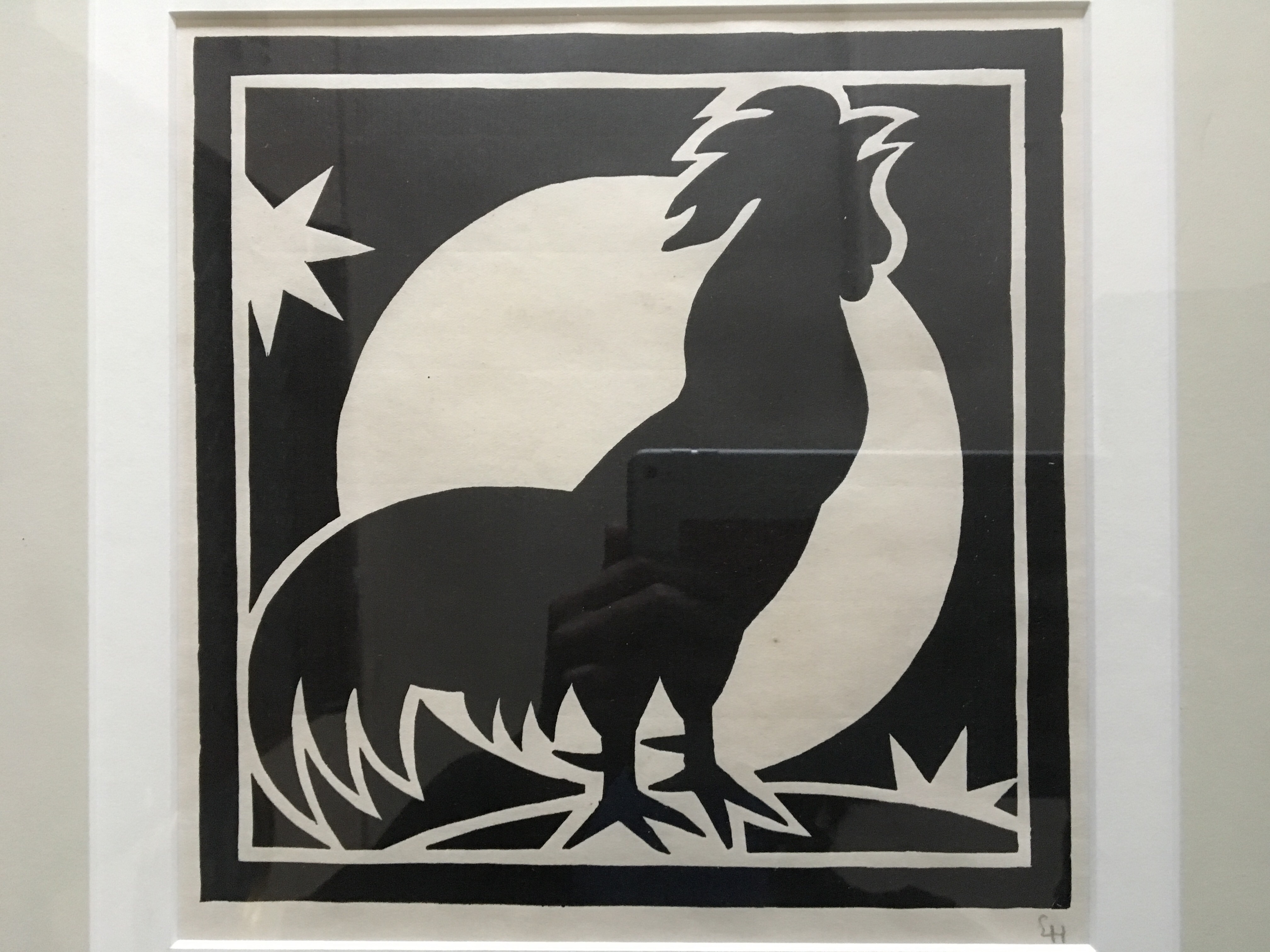 ERNST HANSON. Framed, signed in pencil, woodcut print, cockerel at sunrise, 36cm x 35cm.