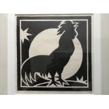 ERNST HANSON. Framed, signed in pencil, woodcut print, cockerel at sunrise, 36cm x 35cm.