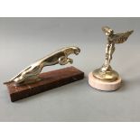 Two marble mounted car mascots, one Jaguar, one Rolls Royce Spirit of Ecstasy.