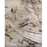 BERNARD DUFOUR. Framed, signed, acrylic with umber ink on canvas, two ladies in a rowing boat, 43.