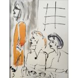 SHEILA BENSON. Framed, signed with initials, ink on canvas, scene with three figures, titled on