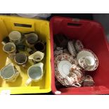Two boxes of various china and jugs.