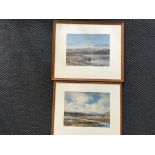 GORDON N. GUNN two framed, signed, watercolour on paper pieces depicting beach scenes with mountains