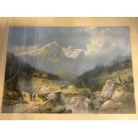 Framed, unsigned, large scale lithographic print of an alpine landscape with figures in the