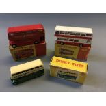 A Dinky 289 Routemaster bus, 290 double deck bus and 292 Leyland Atlantean bus, in boxes. (NO