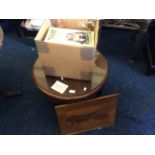 A circular coffee table, a specimen wood panel depicting lake scene titled 'Glen Affric (Loch Beinn)