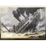 Unframed, signed 'LOTOM', oil on board, image of a sinking boat (possibly Titanic or Brittanic),